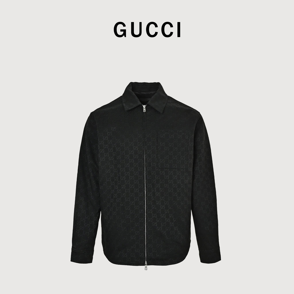 Gucci FW24 GG All-Over Jacquard Shirt-Collar Jacket — Black 787295-ZARAH-1000