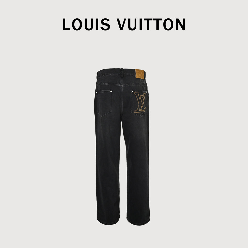 Louis Vuitton 25FW Embroidered Logo Wide-Leg Jeans – Black  DK6001215