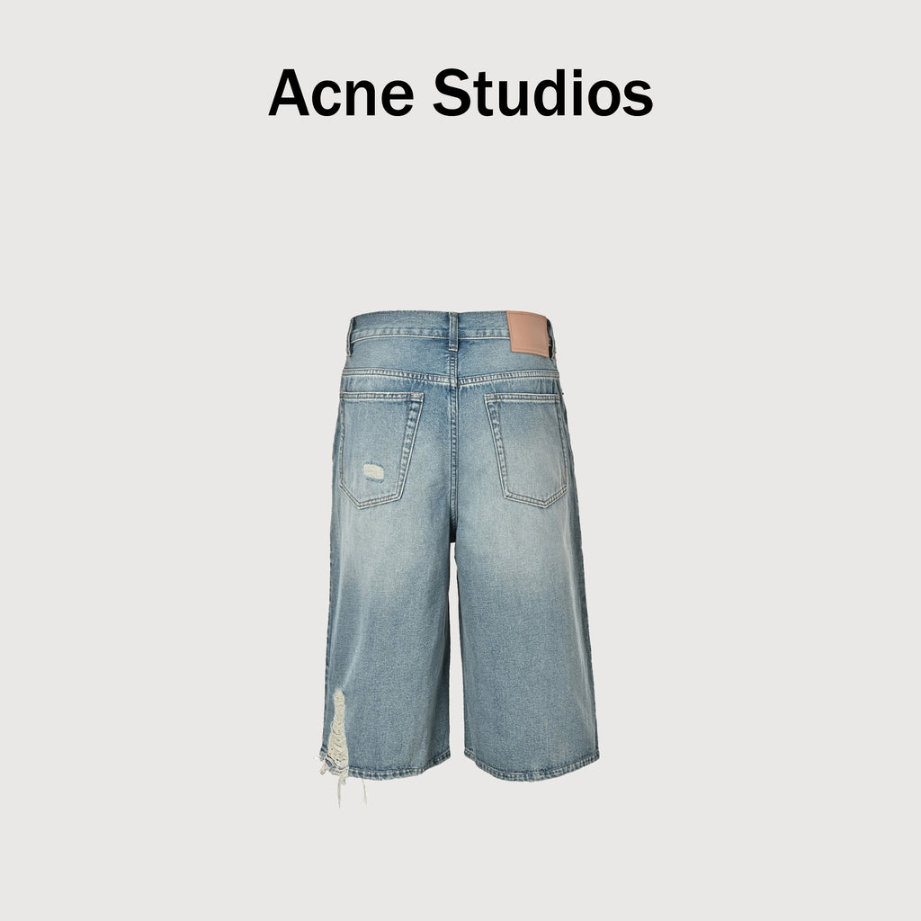 Acne Studios Destroyed Organic Cotton Below-Knee Denim Shorts – Light Blue Vintage Wash NP6000612