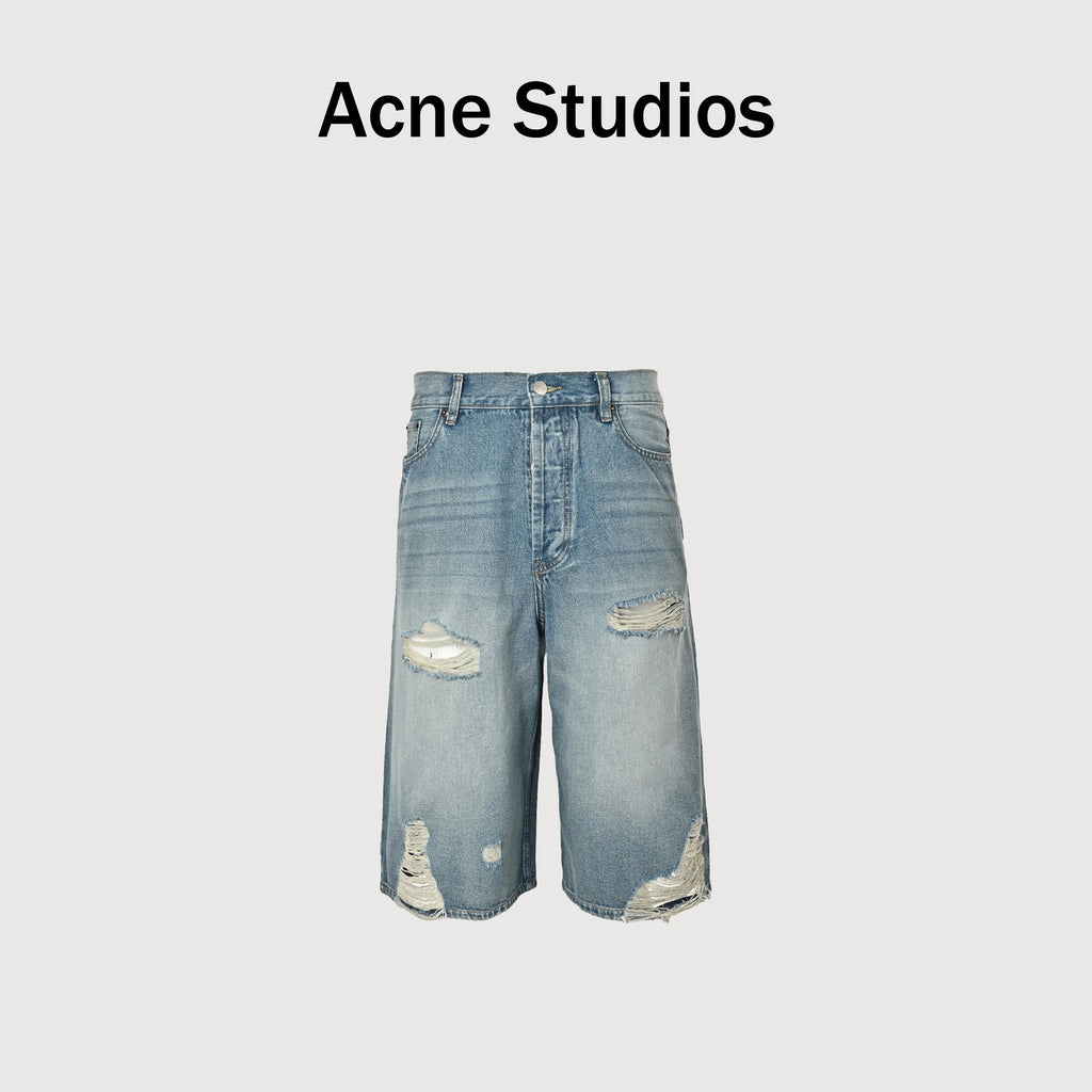 Acne Studios Destroyed Organic Cotton Below-Knee Denim Shorts – Light Blue Vintage Wash NP6000612