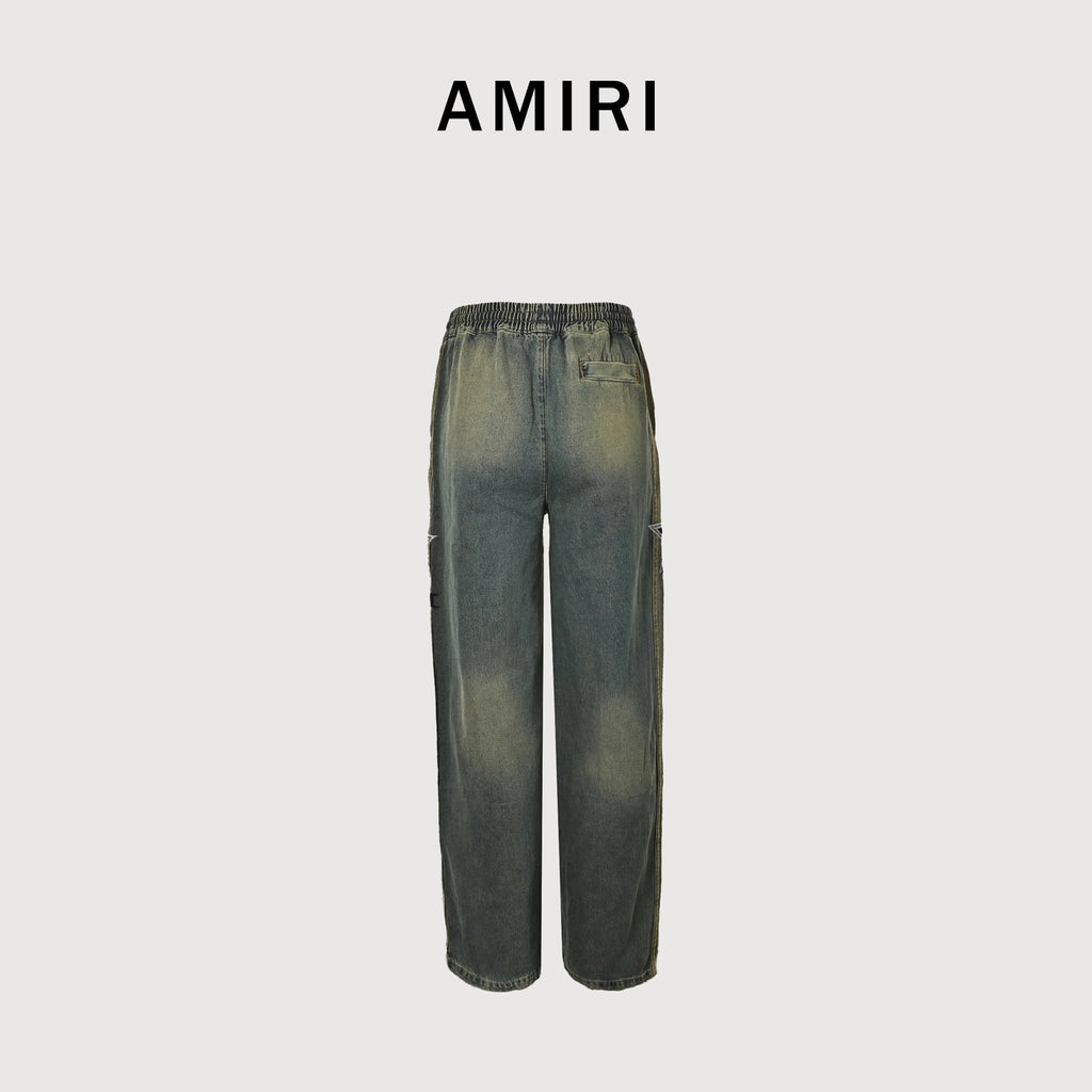 AMIRI Five-Star Embroidered Vintage Wash Wide-Leg Jeans – Olive GreenAMBMJE1037