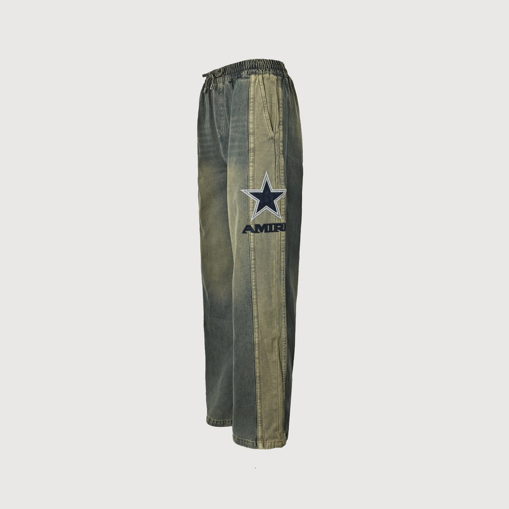 AMIRI Five-Star Embroidered Vintage Wash Wide-Leg Jeans – Olive GreenAMBMJE1037