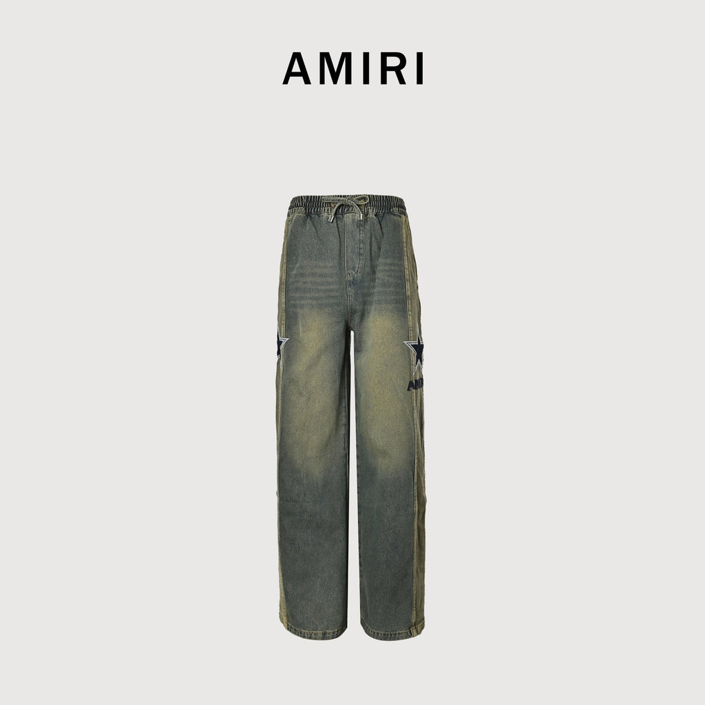 AMIRI Five-Star Embroidered Vintage Wash Wide-Leg Jeans – Olive GreenAMBMJE1037