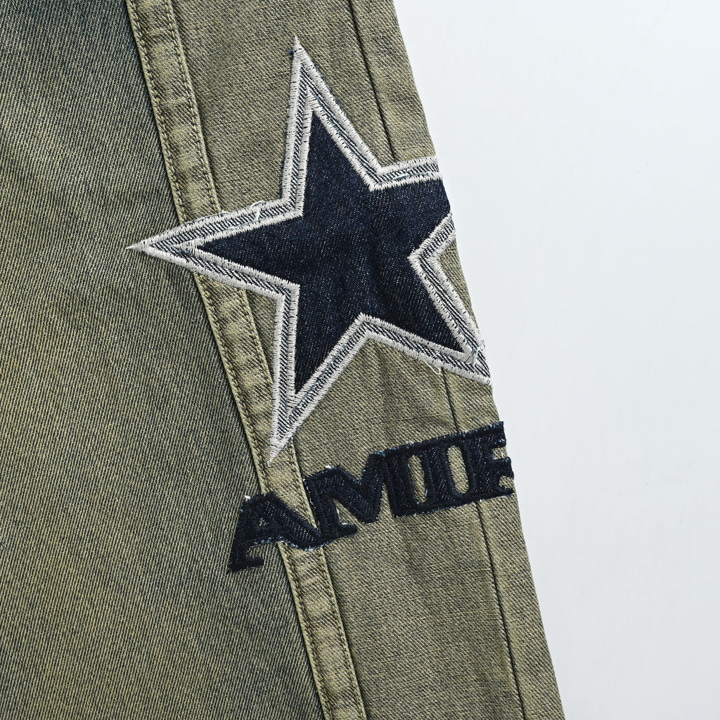 AMIRI Five-Star Embroidered Vintage Wash Wide-Leg Jeans – Olive GreenAMBMJE1037