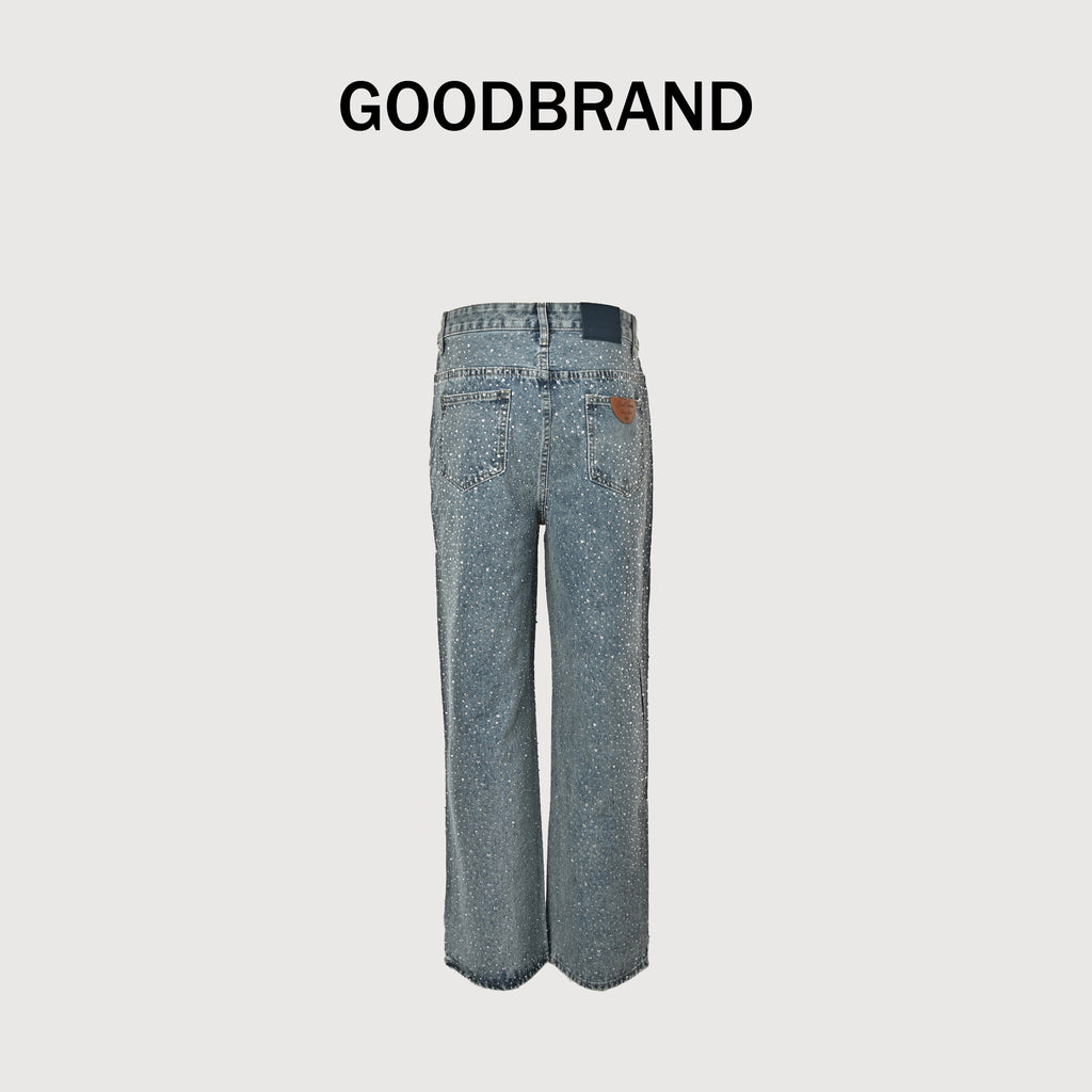 GOODBRAND All-Over Crystal Letter Print Wide-Leg Jeans – Light Blue  SY5200617