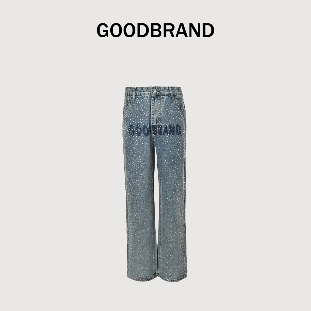 GOODBRAND All-Over Crystal Letter Print Wide-Leg Jeans – Light Blue  SY5200617