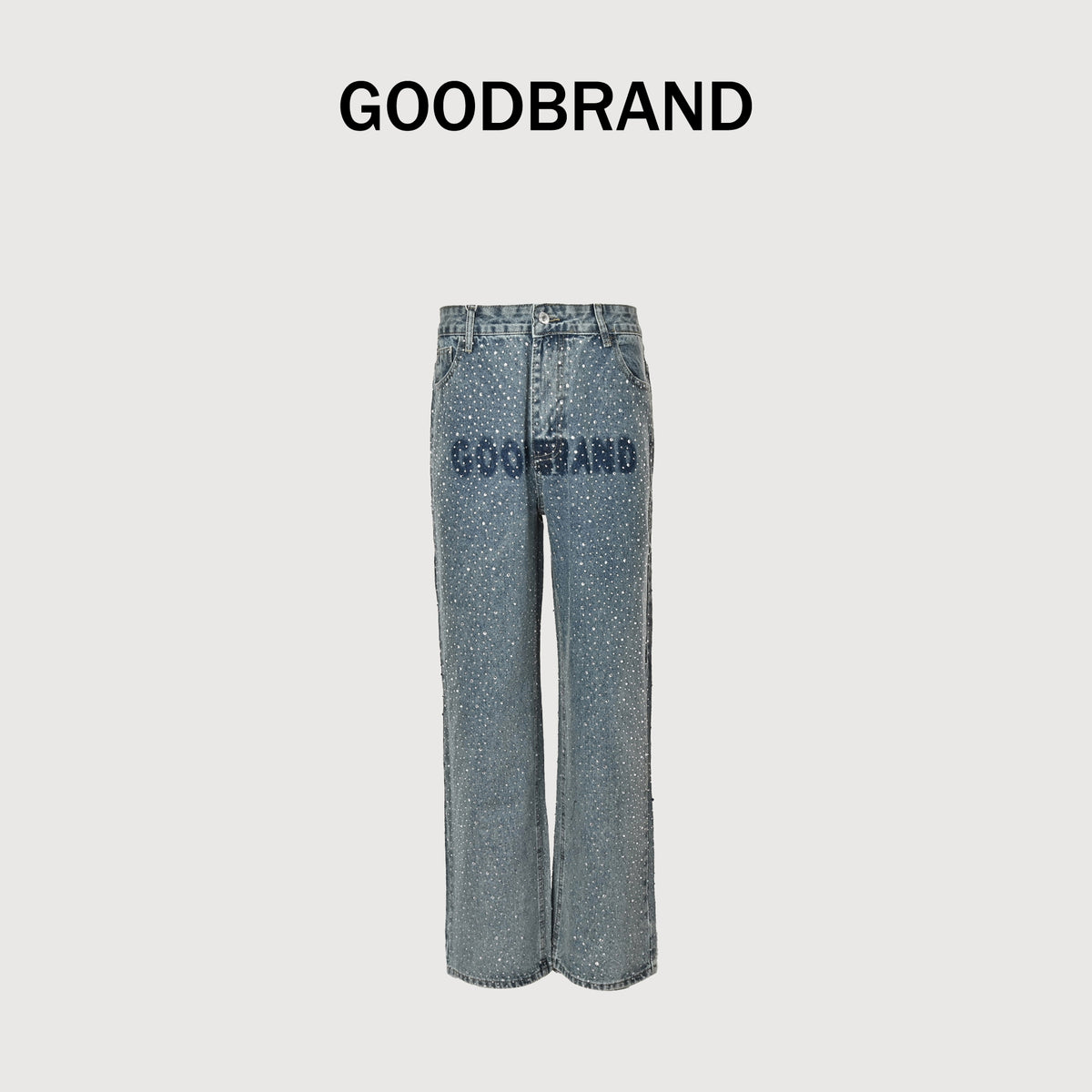 GOODBRAND All-Over Crystal Letter Print Wide-Leg Jeans – Light Blue  SY5200617