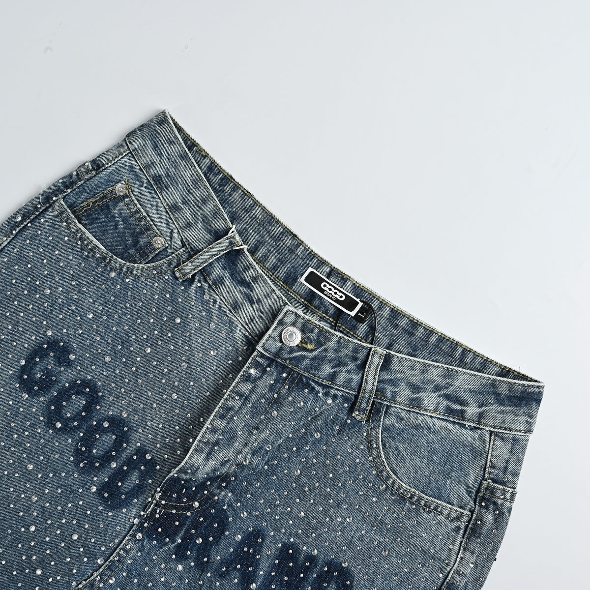 GOODBRAND All-Over Crystal Letter Print Wide-Leg Jeans – Light Blue  SY5200617