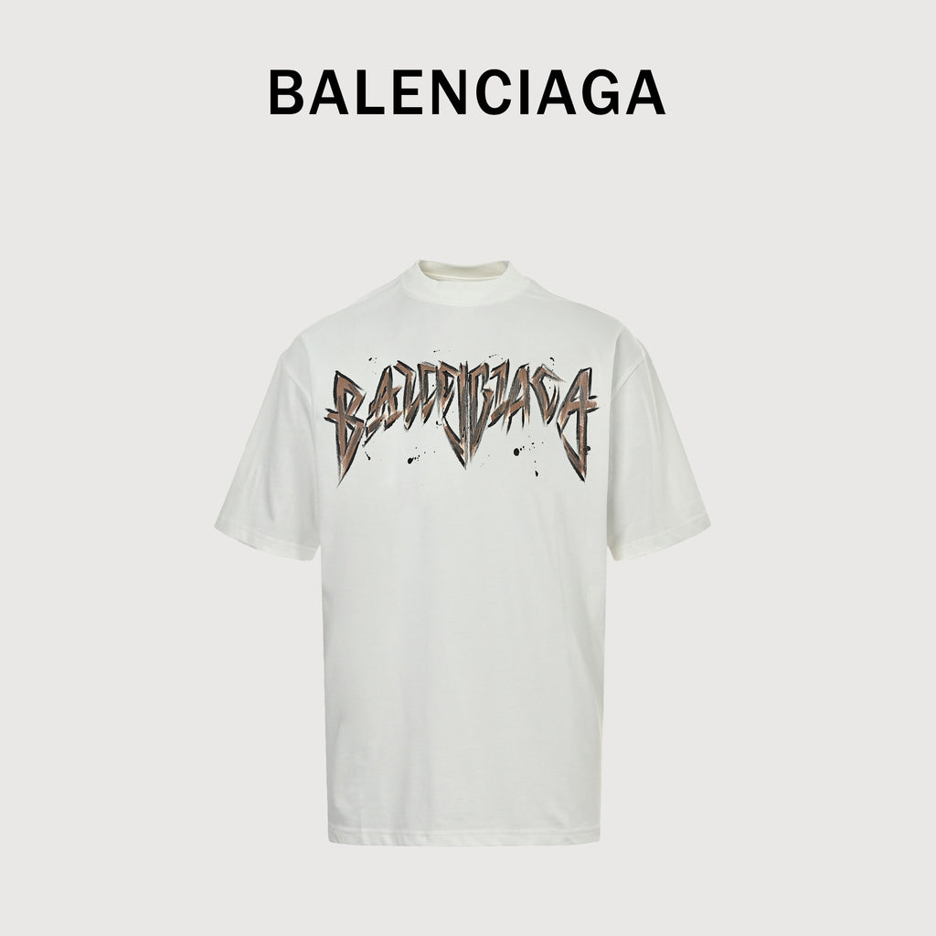 Balenciaga Double BB Hand-Painted Graffiti Short Sleeve T-Shirt – White SG260324-WHT
