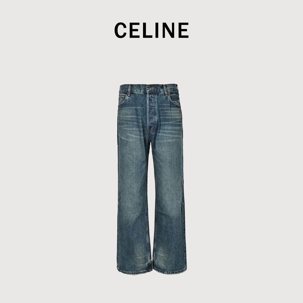 Celine 24SS Blue Destroyed Wide-Leg Jeans – Teal Vintage Wash HH5200731