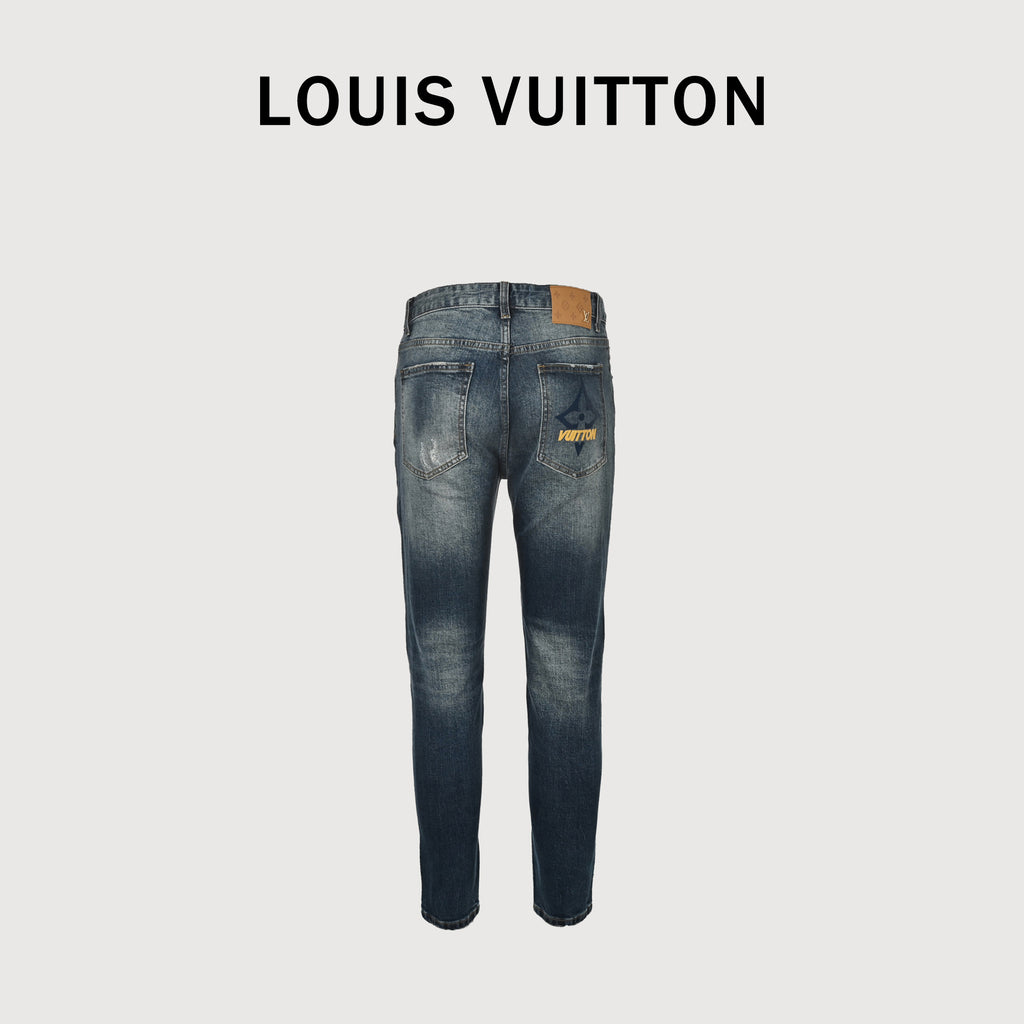 Louis Vuitton Four-Leaf Clover Logo Embroidered Distressed Slim Jeans – Dark Indigo XM5201030