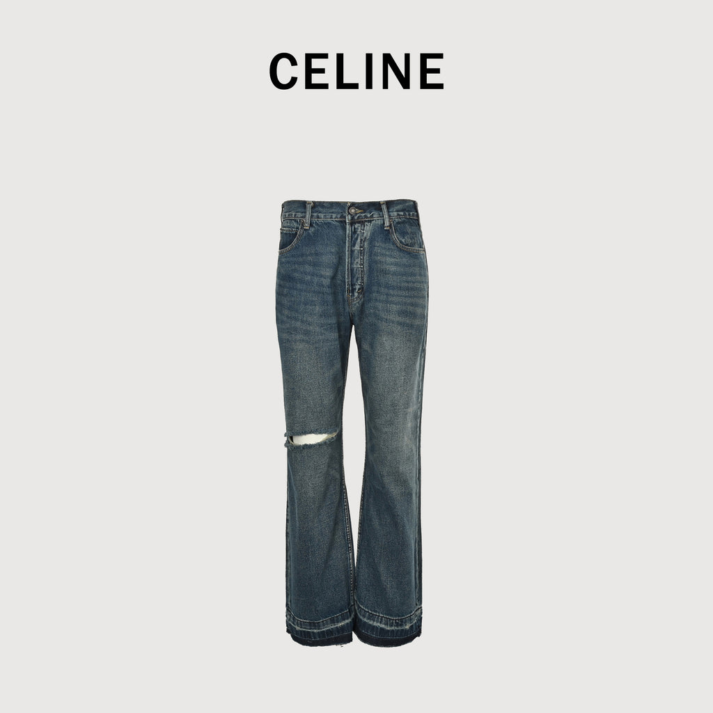 Celine Knife-Cut Slash Cuffed Slim Straight Jeans – Dark Blue Grey2N839066S-07TK