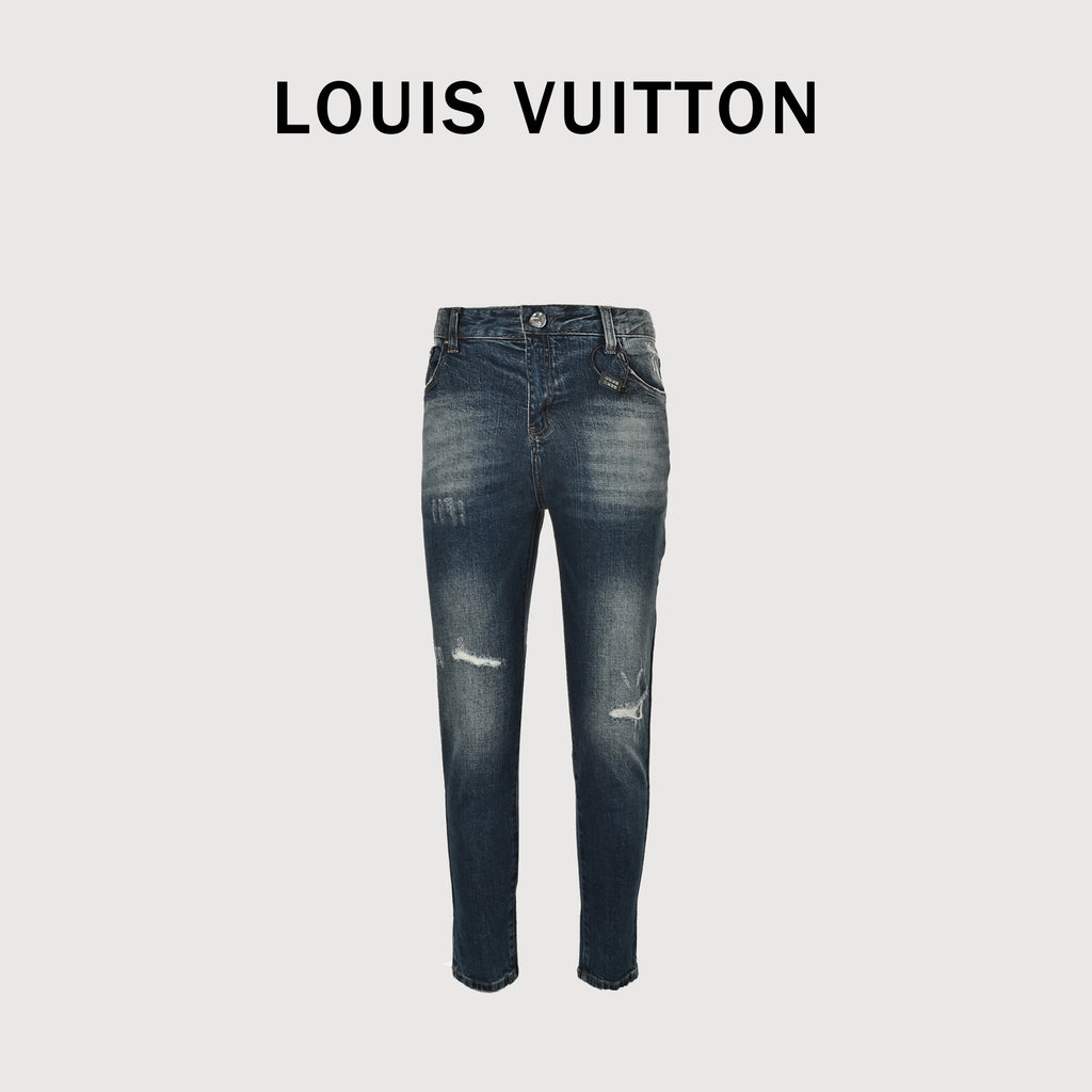 Louis Vuitton Four-Leaf Clover Logo Embroidered Distressed Slim Jeans – Dark Indigo XM5201030