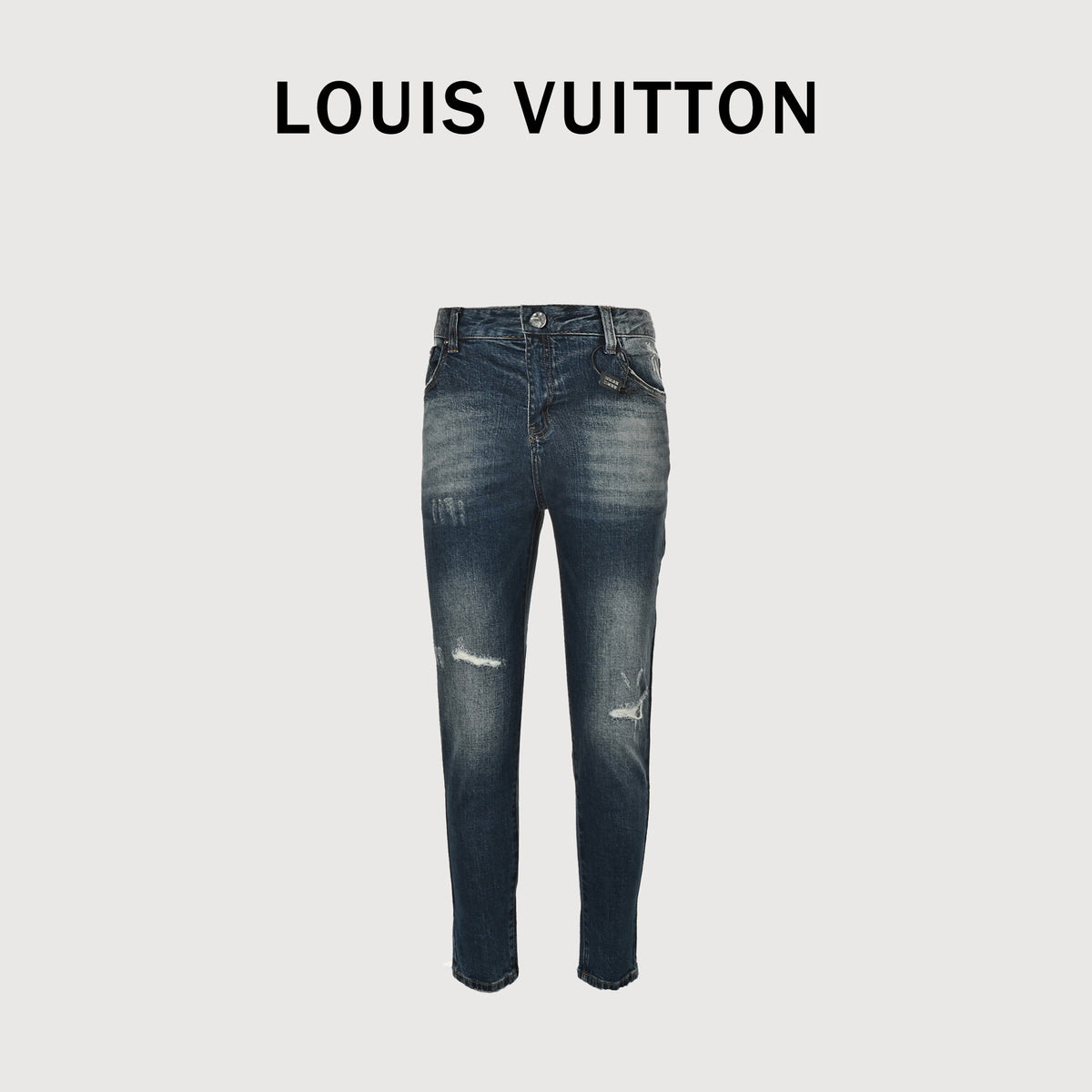 Louis Vuitton Four-Leaf Clover Logo Embroidered Distressed Slim Jeans – Dark Indigo XM5201030