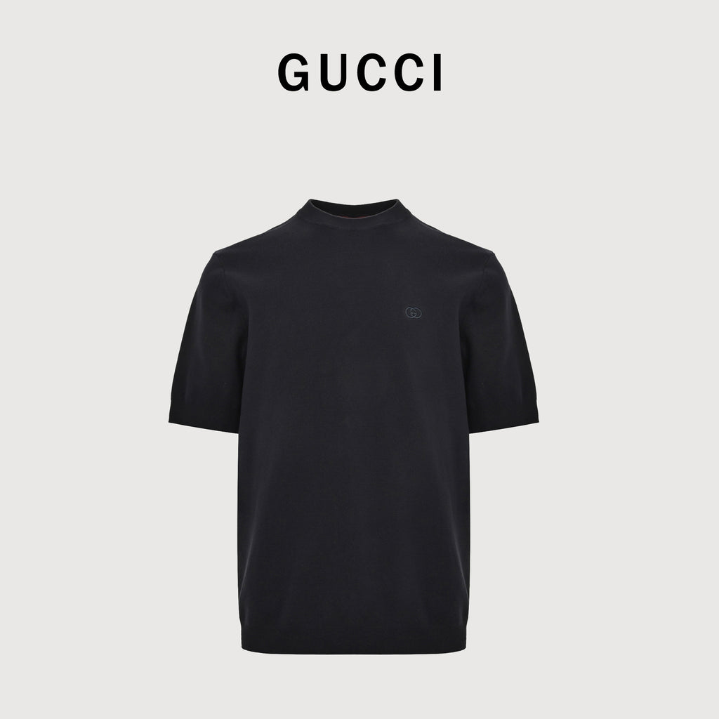 Gucci GUC Double-G Embroidered Silk-Cotton Blend Knit Short Sleeve T-Shirt – Black NP3800408
