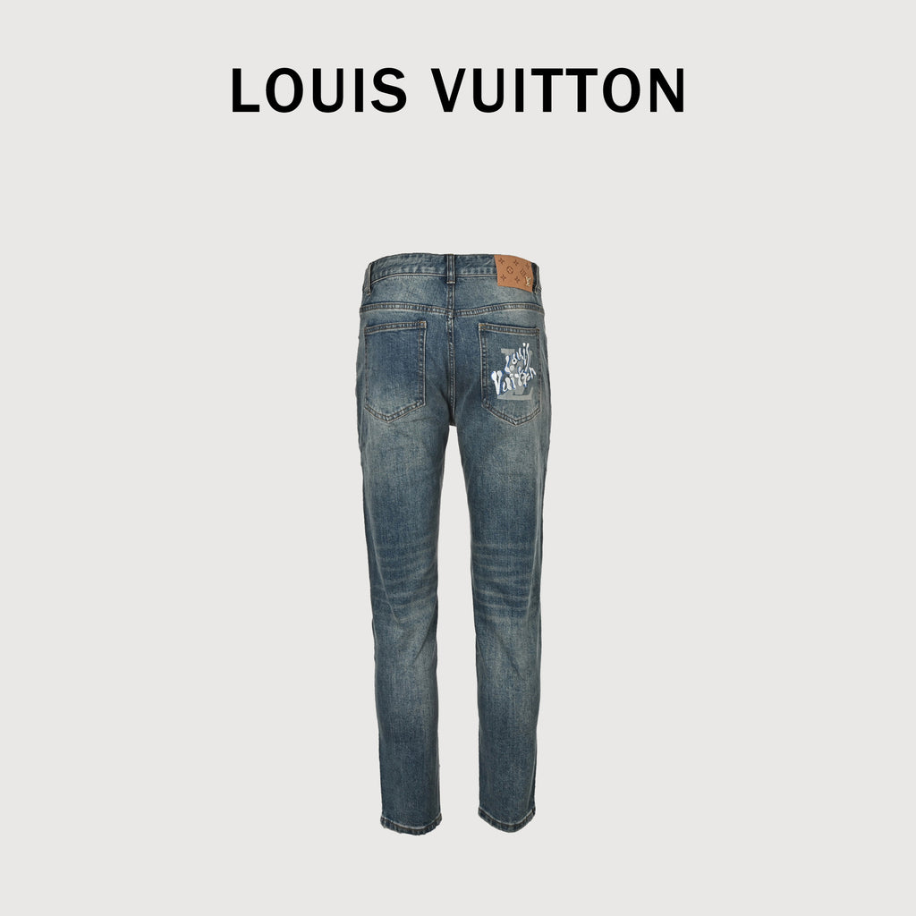 Louis Vuitton Back Graffiti Script Distressed Slim Jeans – Vintage Blue  XM5201030-GRF