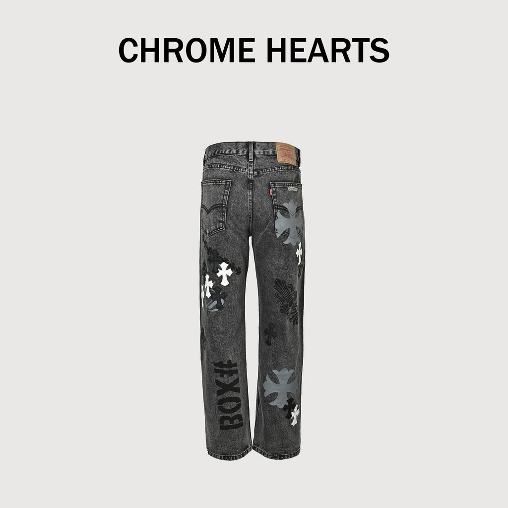Chrome Hearts Couture Cross Leather Appliqué Washed Straight-Leg Jeans – Charcoal  XM5600824-CHR