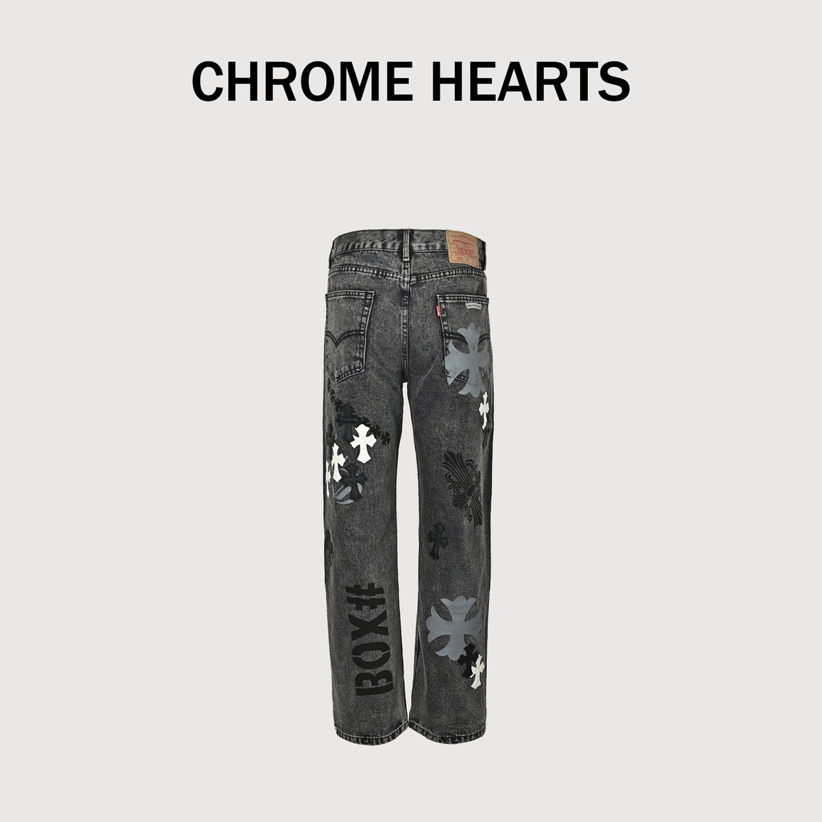 Chrome Hearts Couture Cross Leather Appliqué Washed Straight-Leg Jeans – Charcoal  XM5600824-CHR