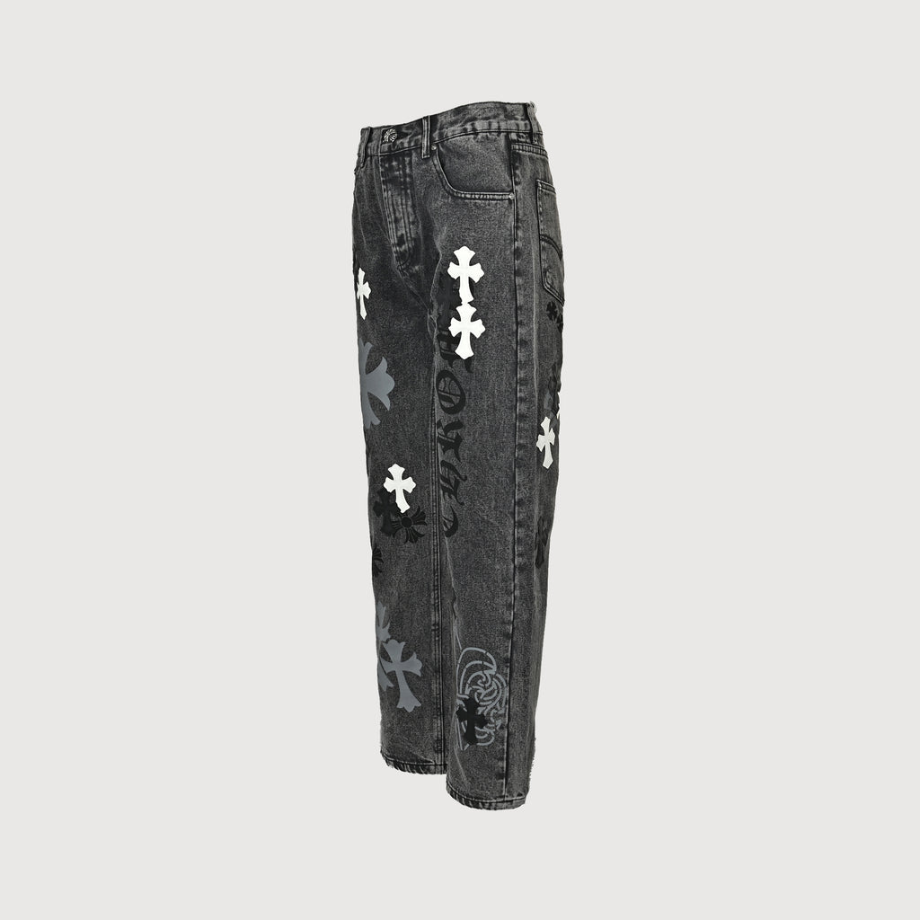 Chrome Hearts Couture Cross Leather Appliqué Washed Straight-Leg Jeans – Charcoal  XM5600824-CHR