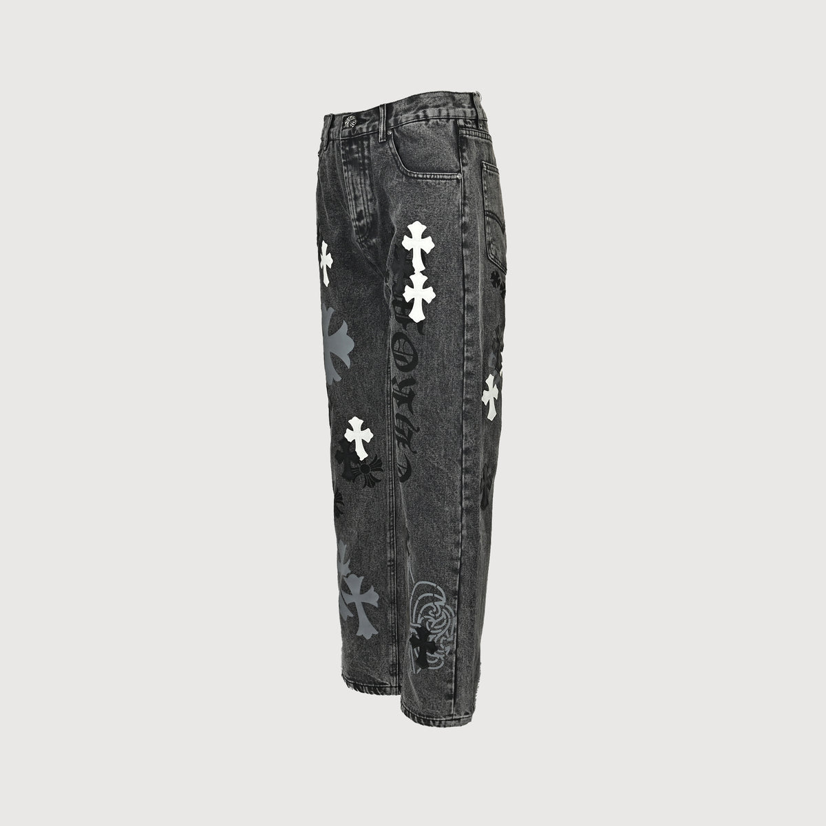 Chrome Hearts Couture Cross Leather Appliqué Washed Straight-Leg Jeans – Charcoal  XM5600824-CHR