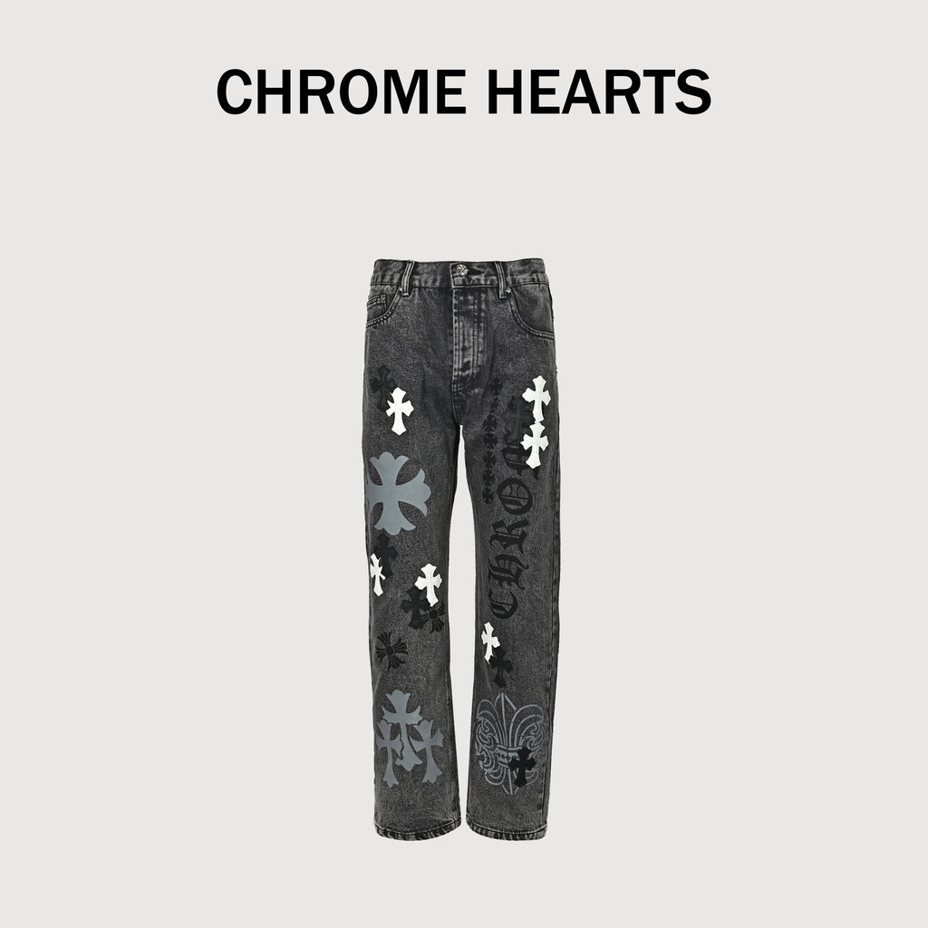 Chrome Hearts Couture Cross Leather Appliqué Washed Straight-Leg Jeans – Charcoal  XM5600824-CHR