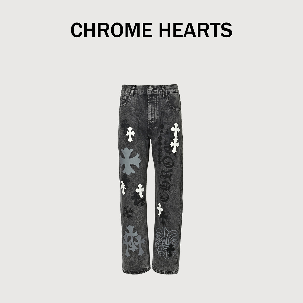 Chrome Hearts Couture Cross Leather Appliqué Washed Straight-Leg Jeans – Charcoal  XM5600824-CHR