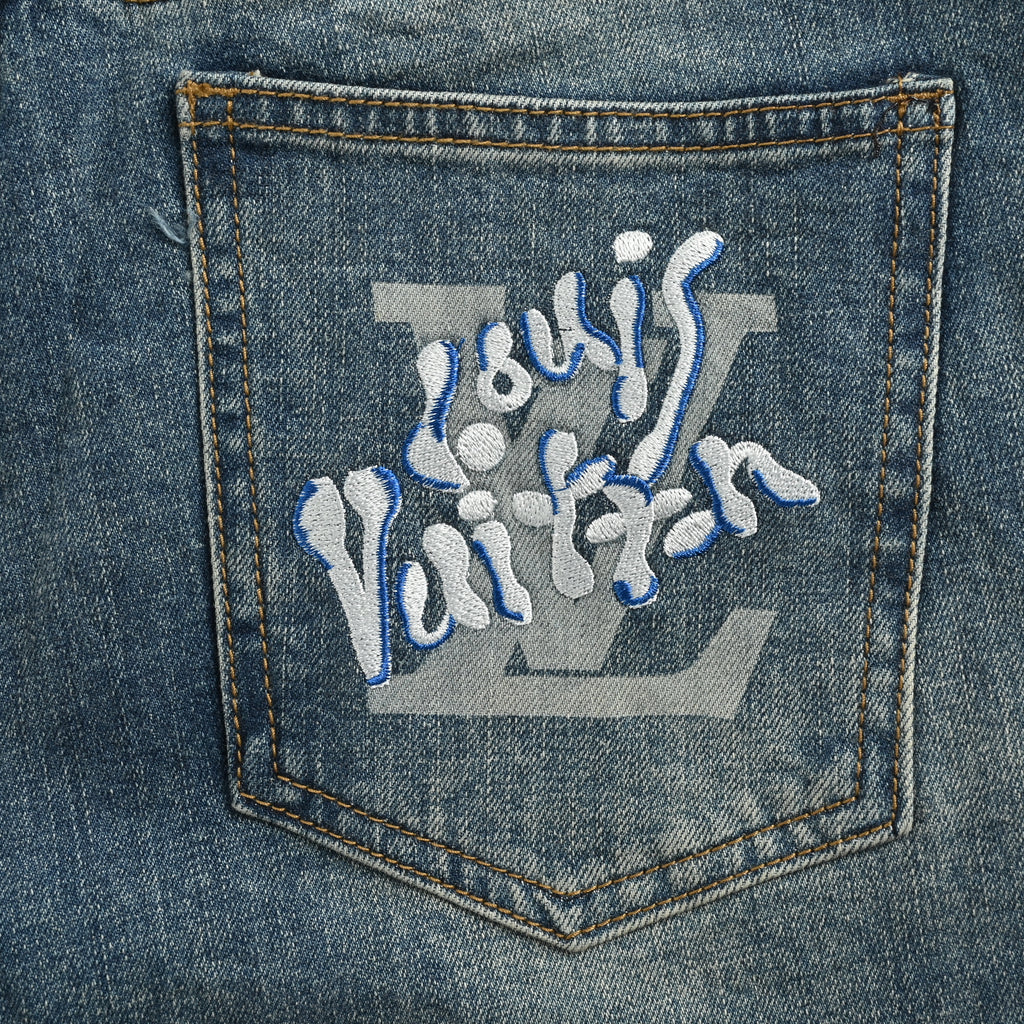 Louis Vuitton Back Graffiti Script Distressed Slim Jeans – Vintage Blue  XM5201030-GRF