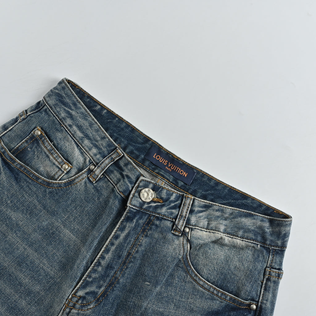 Louis Vuitton Back Graffiti Script Distressed Slim Jeans – Vintage Blue  XM5201030-GRF