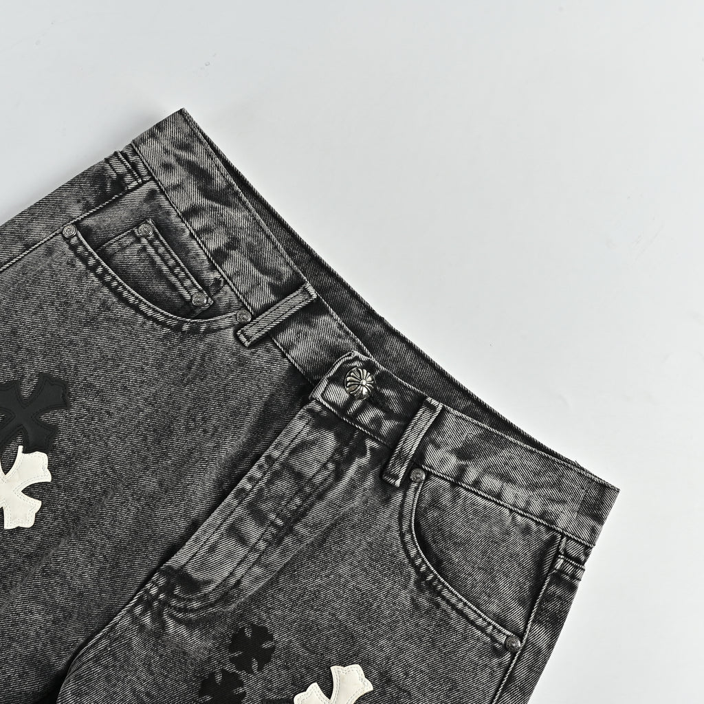 Chrome Hearts Couture Cross Leather Appliqué Washed Straight-Leg Jeans – Charcoal  XM5600824-CHR