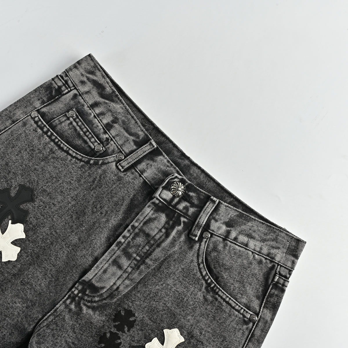 Chrome Hearts Couture Cross Leather Appliqué Washed Straight-Leg Jeans – Charcoal  XM5600824-CHR