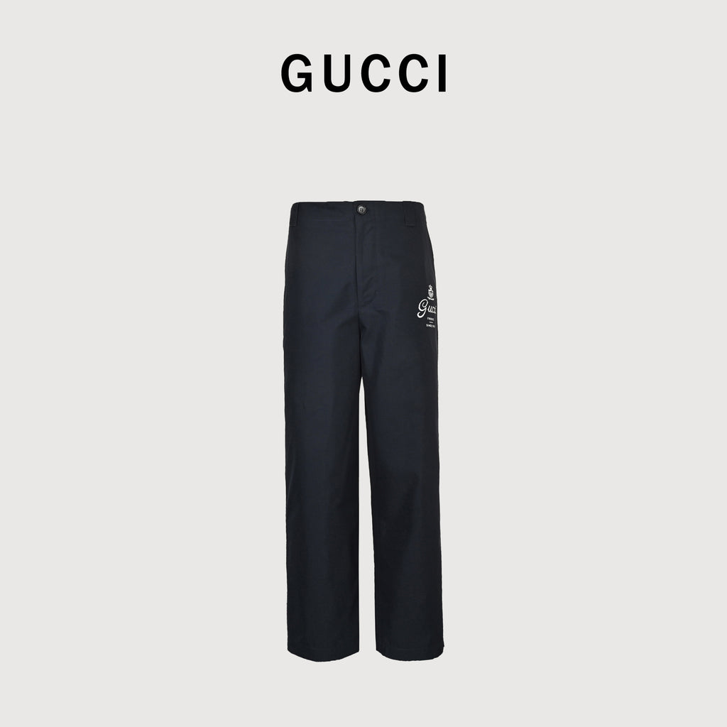 Gucci GUC Letter Print Twill Straight-Leg Trousers – Navy  NP5200425