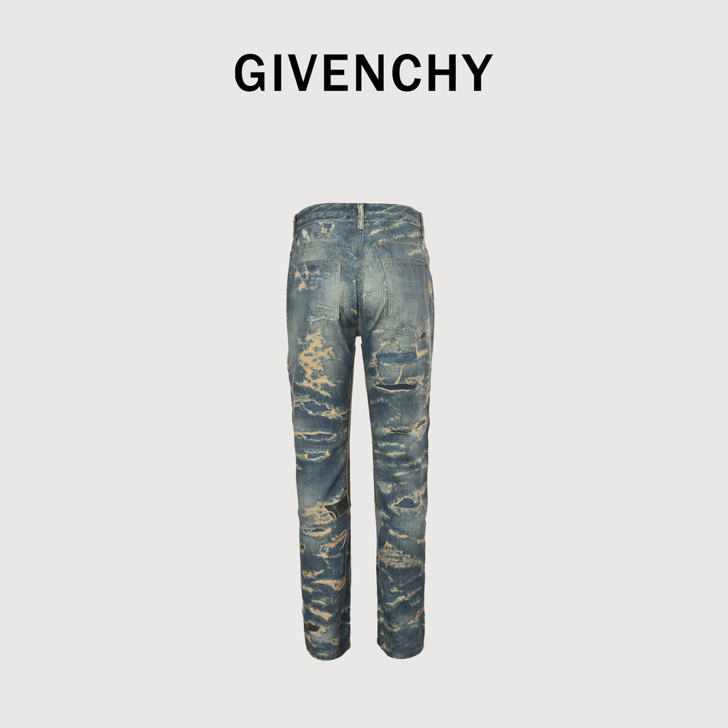 Givenchy GVC Destroyed Distressed Slim Jeans – Indigo Camo Splatter HY5200817