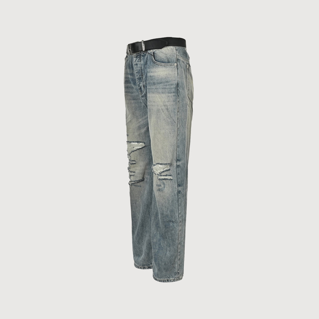 Balenciaga 25SS Washed Destroyed Straight-Leg Jeans – Light Blue794217TQW556379