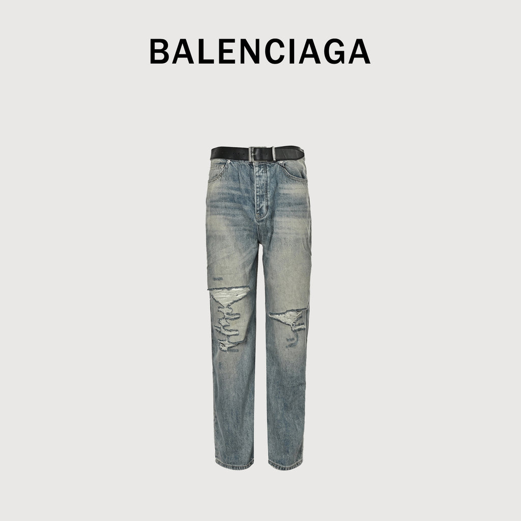 Balenciaga 25SS Washed Destroyed Straight-Leg Jeans – Light Blue794217TQW556379