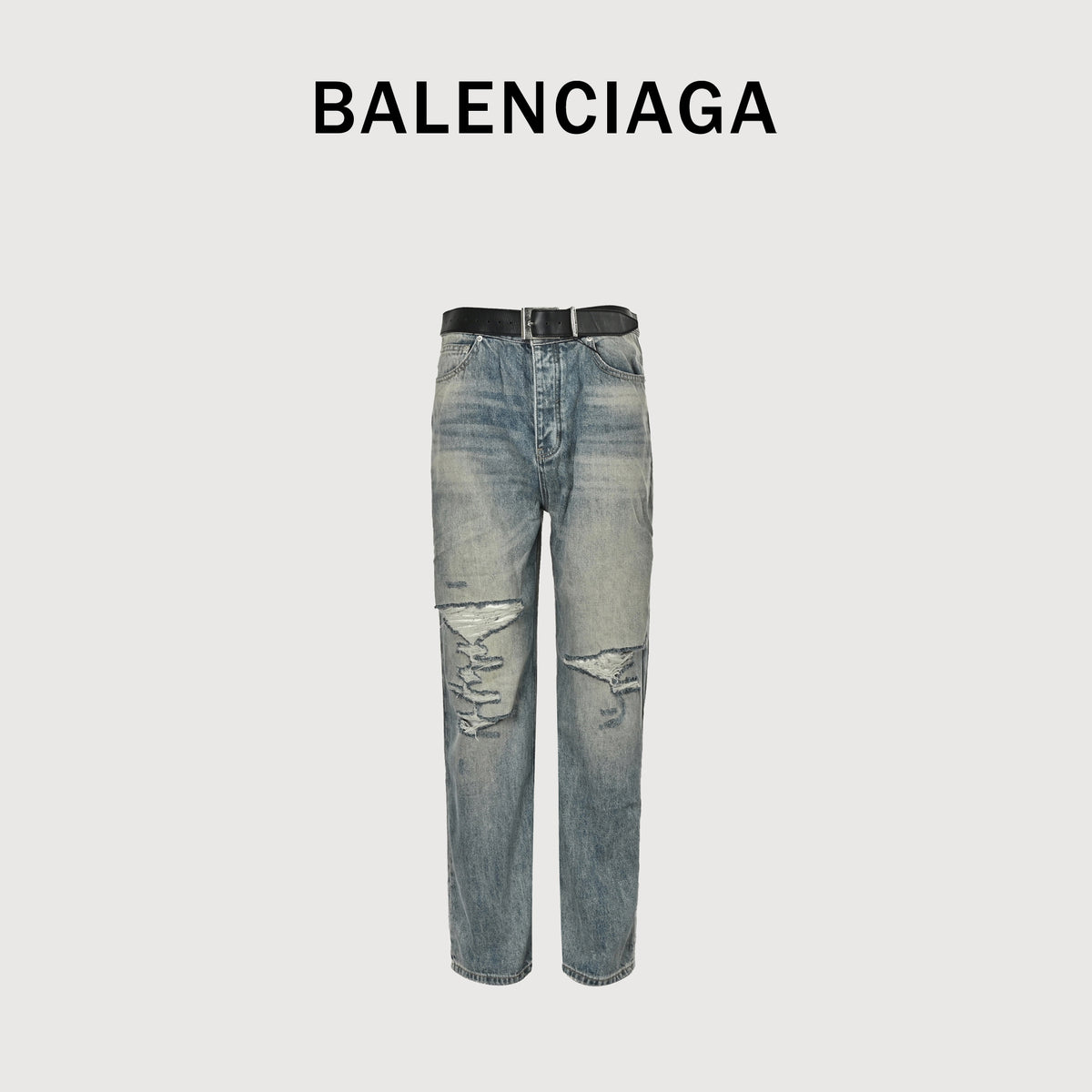 Balenciaga 25SS Washed Destroyed Straight-Leg Jeans – Light Blue794217TQW556379