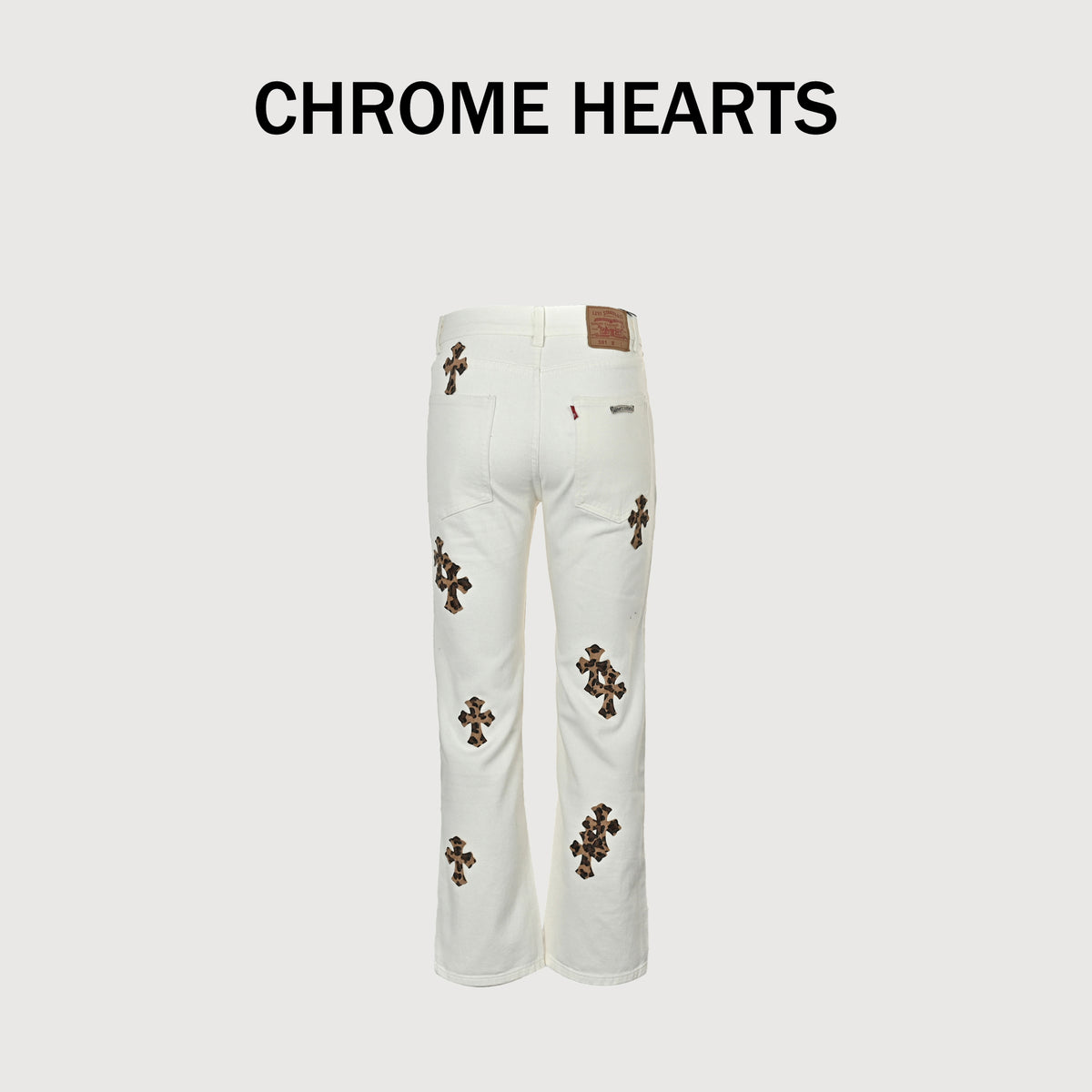 Chrome Hearts CH Couture Cross Leather-Patch Washed Jeans 2026 — White XM5600824-WHT