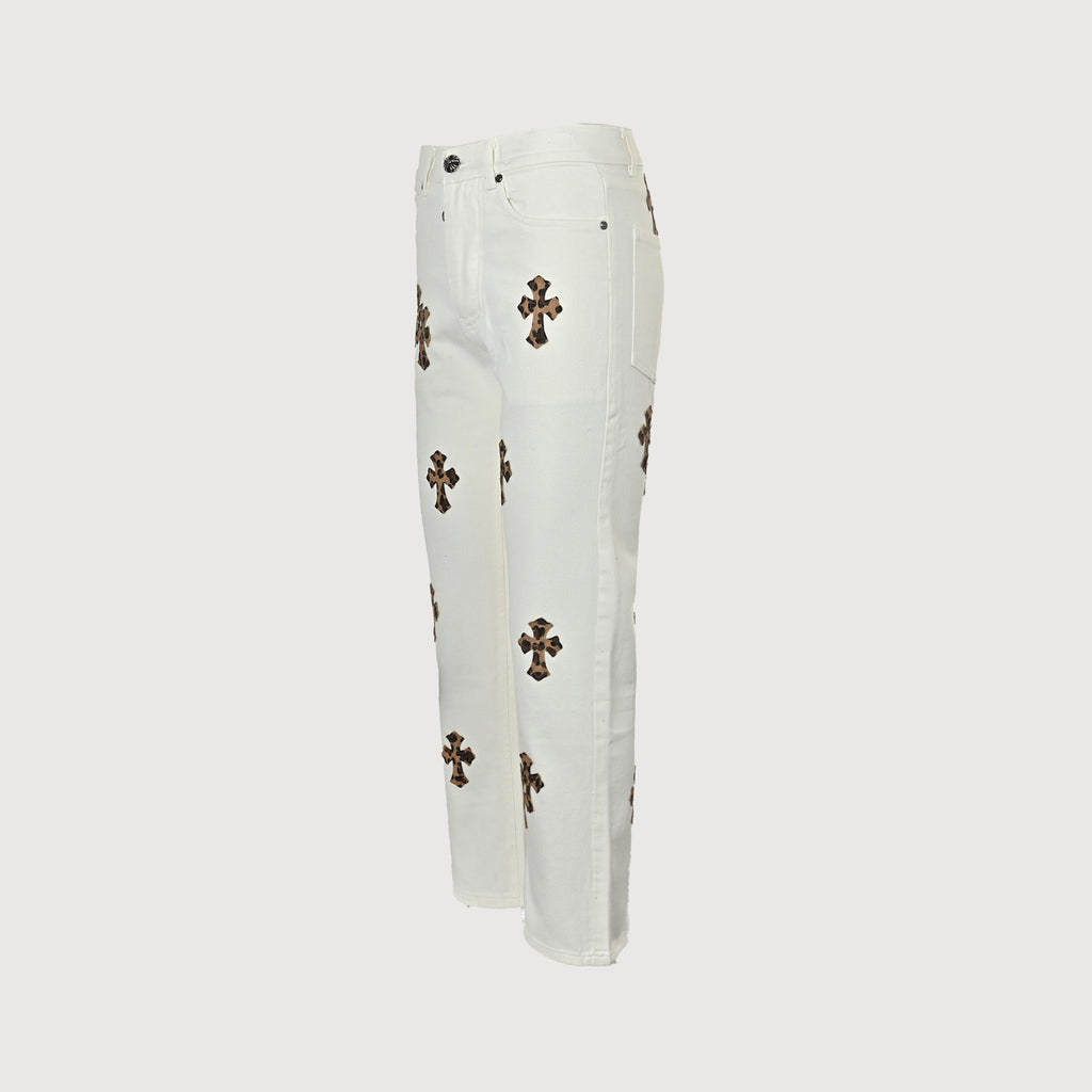 Chrome Hearts CH Couture Cross Leather-Patch Washed Jeans 2026 — White XM5600824-WHT