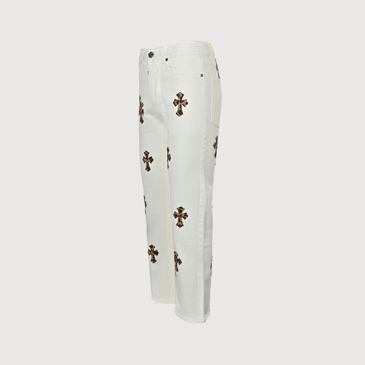 Chrome Hearts CH Couture Cross Leather-Patch Washed Jeans 2026 — White XM5600824-WHT
