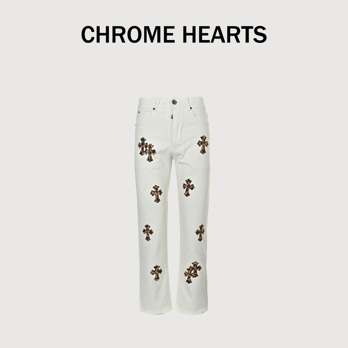 Chrome Hearts CH Couture Cross Leather-Patch Washed Jeans 2026 — White XM5600824-WHT