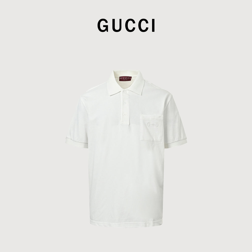 Gucci GUC Horsebit Embroidered Pocket Short Sleeve Polo Shirt – White  NP2800418