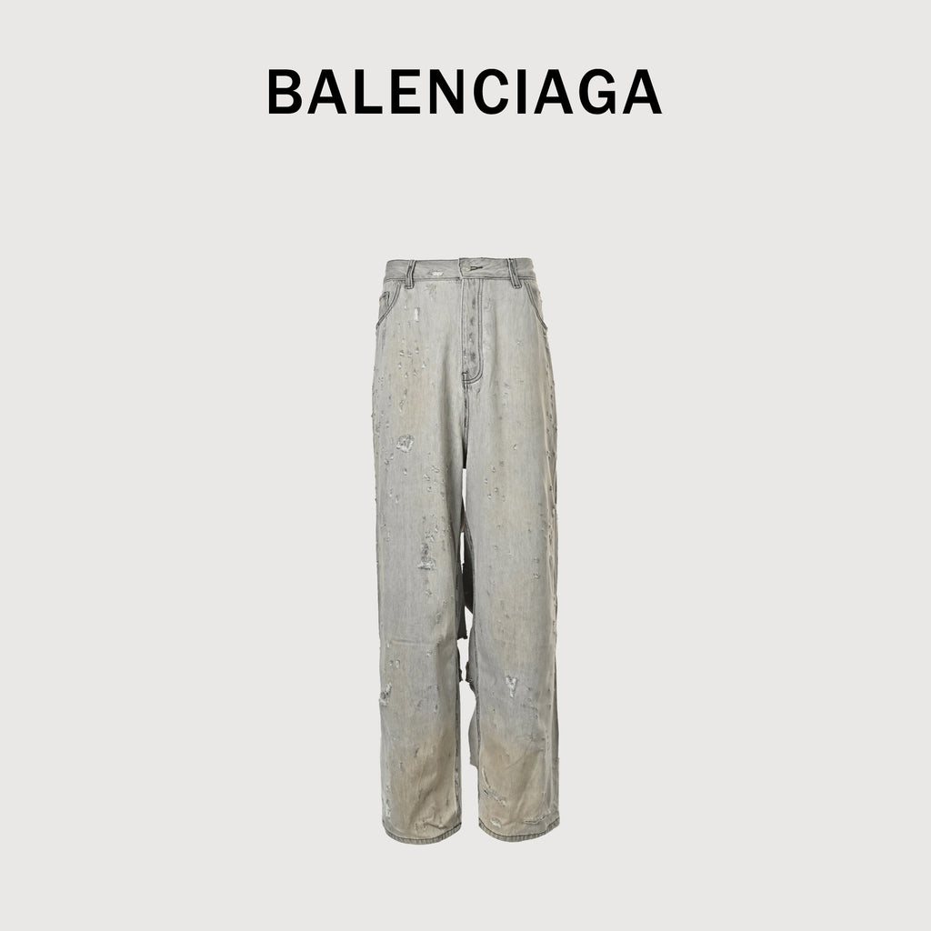 Balenciaga 24FW White Heavy Destroy Knife-Cut Wide-Leg Jeans HH6400421