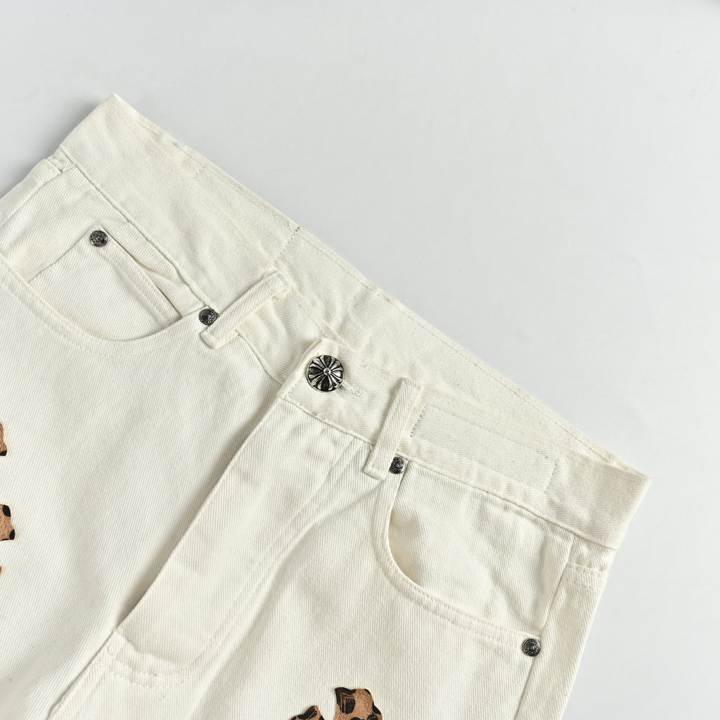 Chrome Hearts CH Couture Cross Leather-Patch Washed Jeans 2026 — White XM5600824-WHT