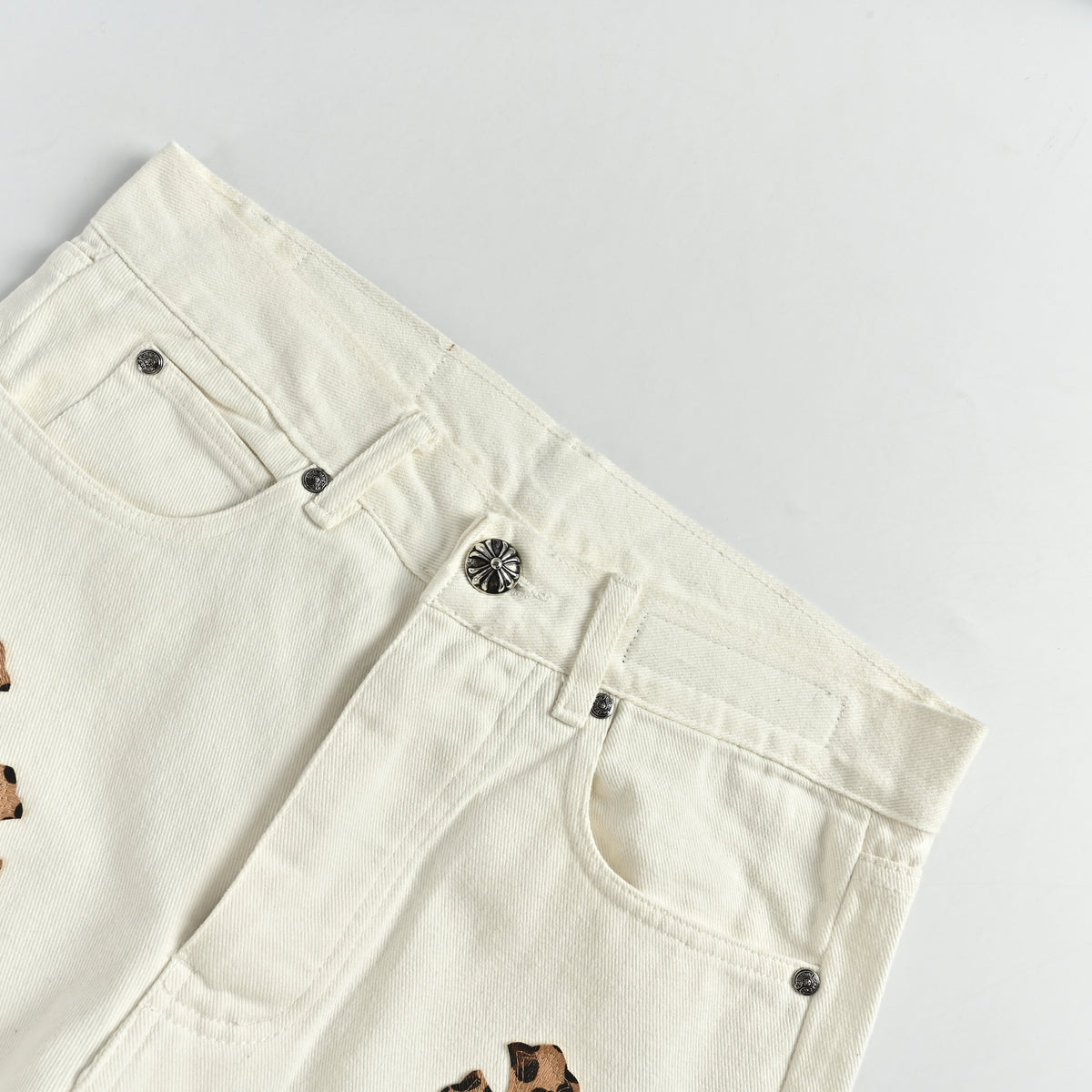 Chrome Hearts CH Couture Cross Leather-Patch Washed Jeans 2026 — White XM5600824-WHT
