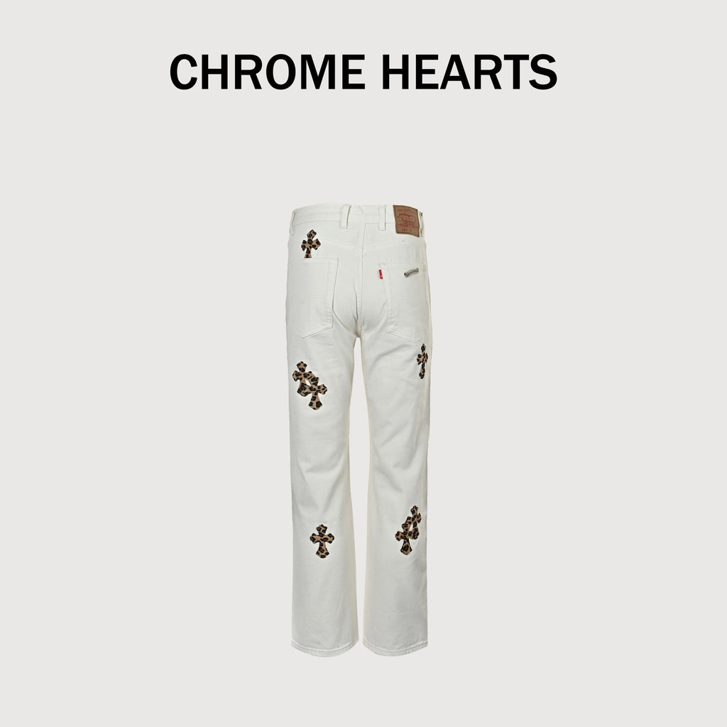 Chrome Hearts CH Couture Cross Patch Graffiti Left-Leg Washed Jeans 2026 — White Multi-Color  XM5600824-GRF