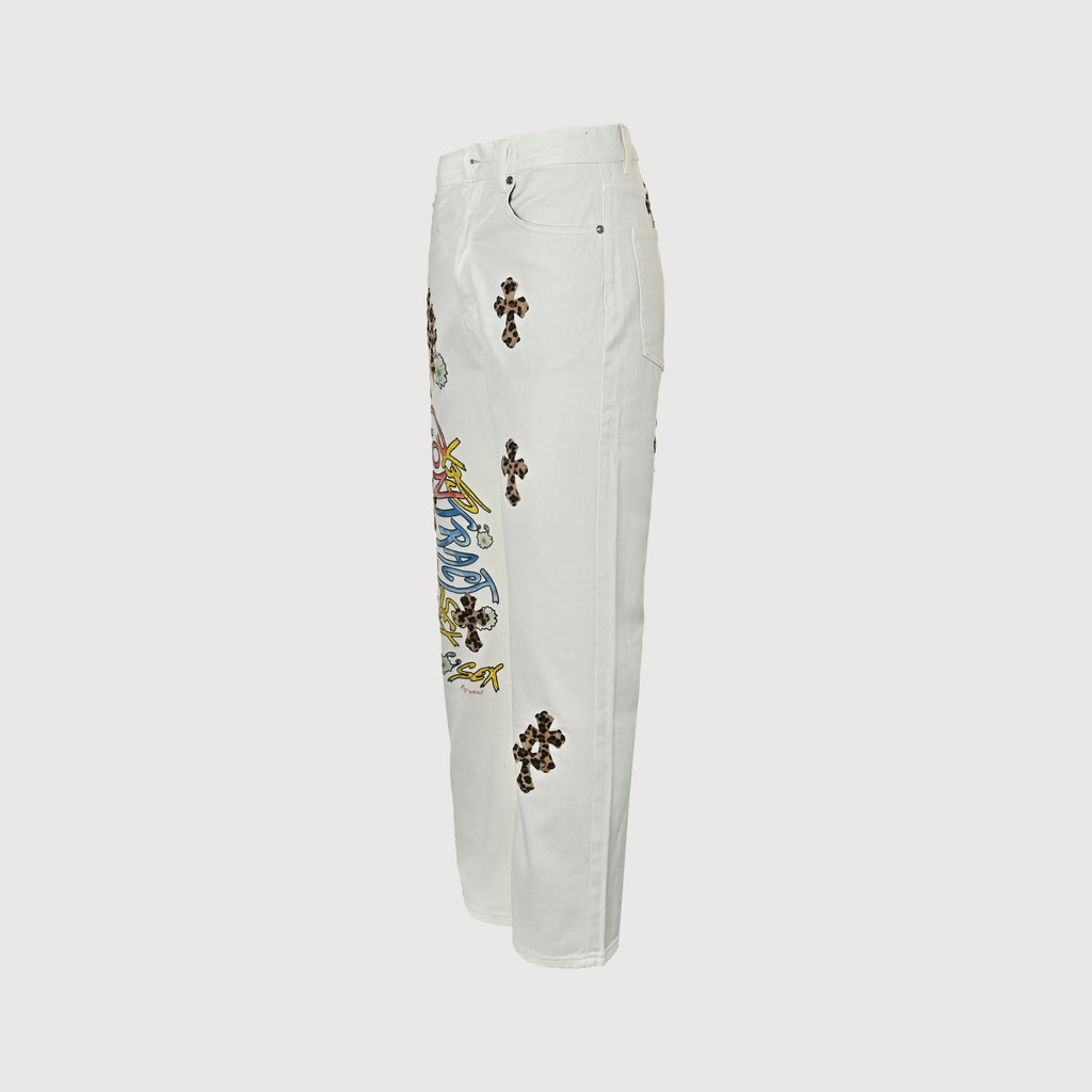 Chrome Hearts CH Couture Cross Patch Graffiti Left-Leg Washed Jeans 2026 — White Multi-Color  XM5600824-GRF