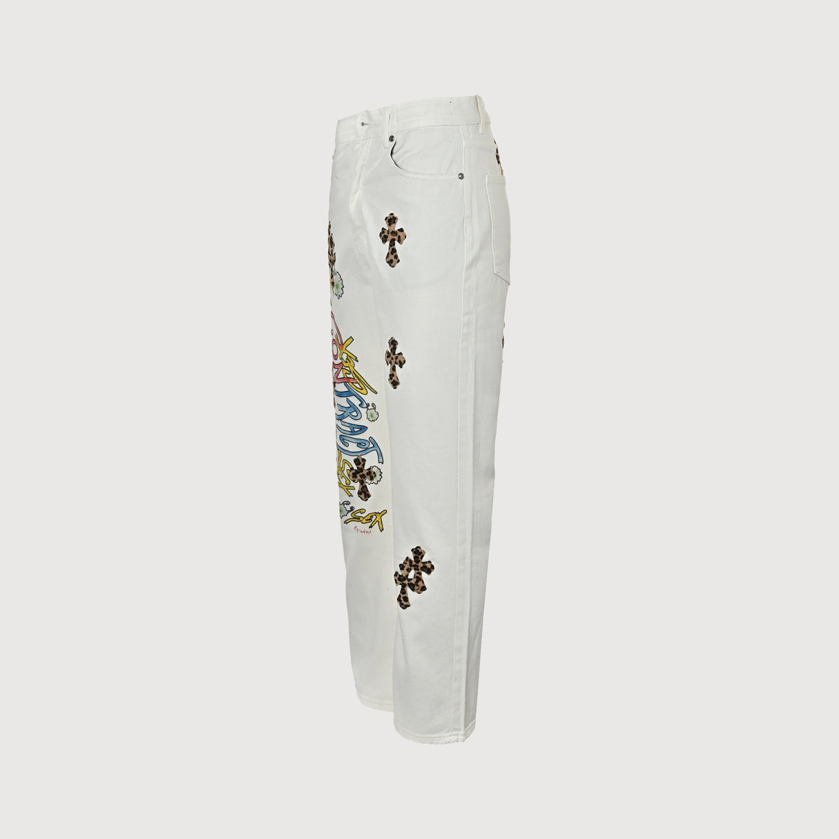 Chrome Hearts CH Couture Cross Patch Graffiti Left-Leg Washed Jeans 2026 — White Multi-Color  XM5600824-GRF