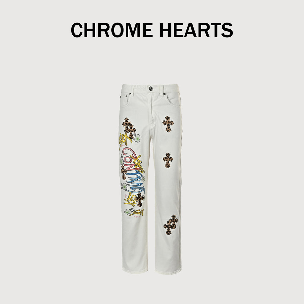 Chrome Hearts CH Couture Cross Patch Graffiti Left-Leg Washed Jeans 2026 — White Multi-Color  XM5600824-GRF
