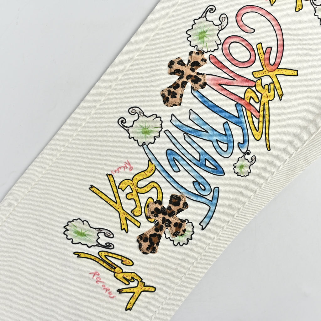 Chrome Hearts CH Couture Cross Patch Graffiti Left-Leg Washed Jeans 2026 — White Multi-Color  XM5600824-GRF