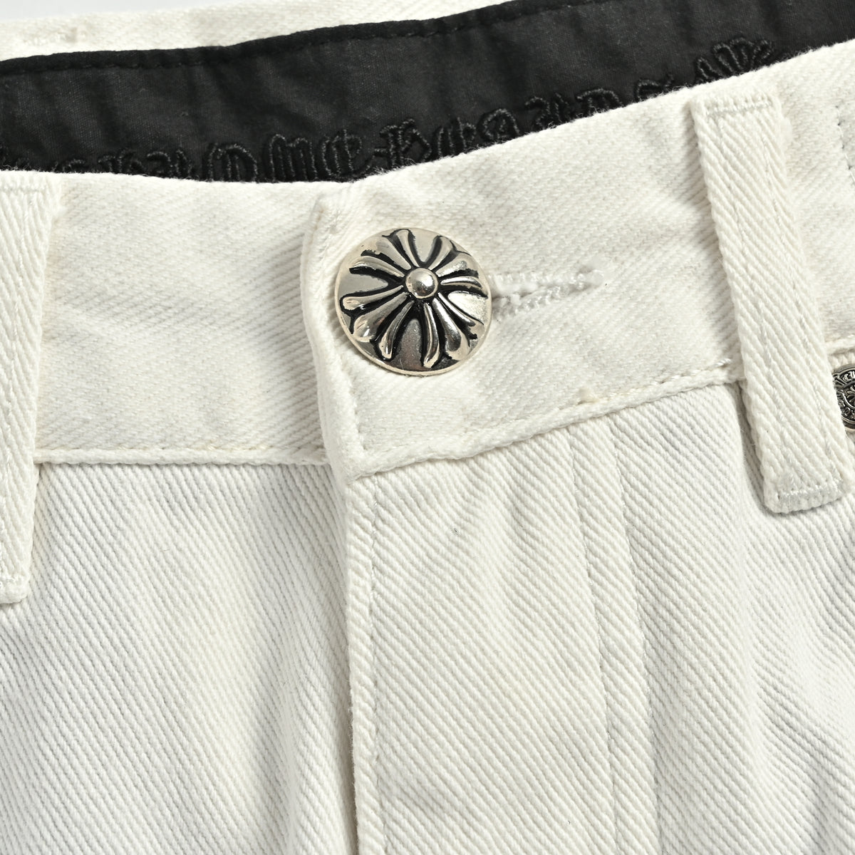 Chrome Hearts CH Couture Cross Patch Graffiti Left-Leg Washed Jeans 2026 — White Multi-Color  XM5600824-GRF