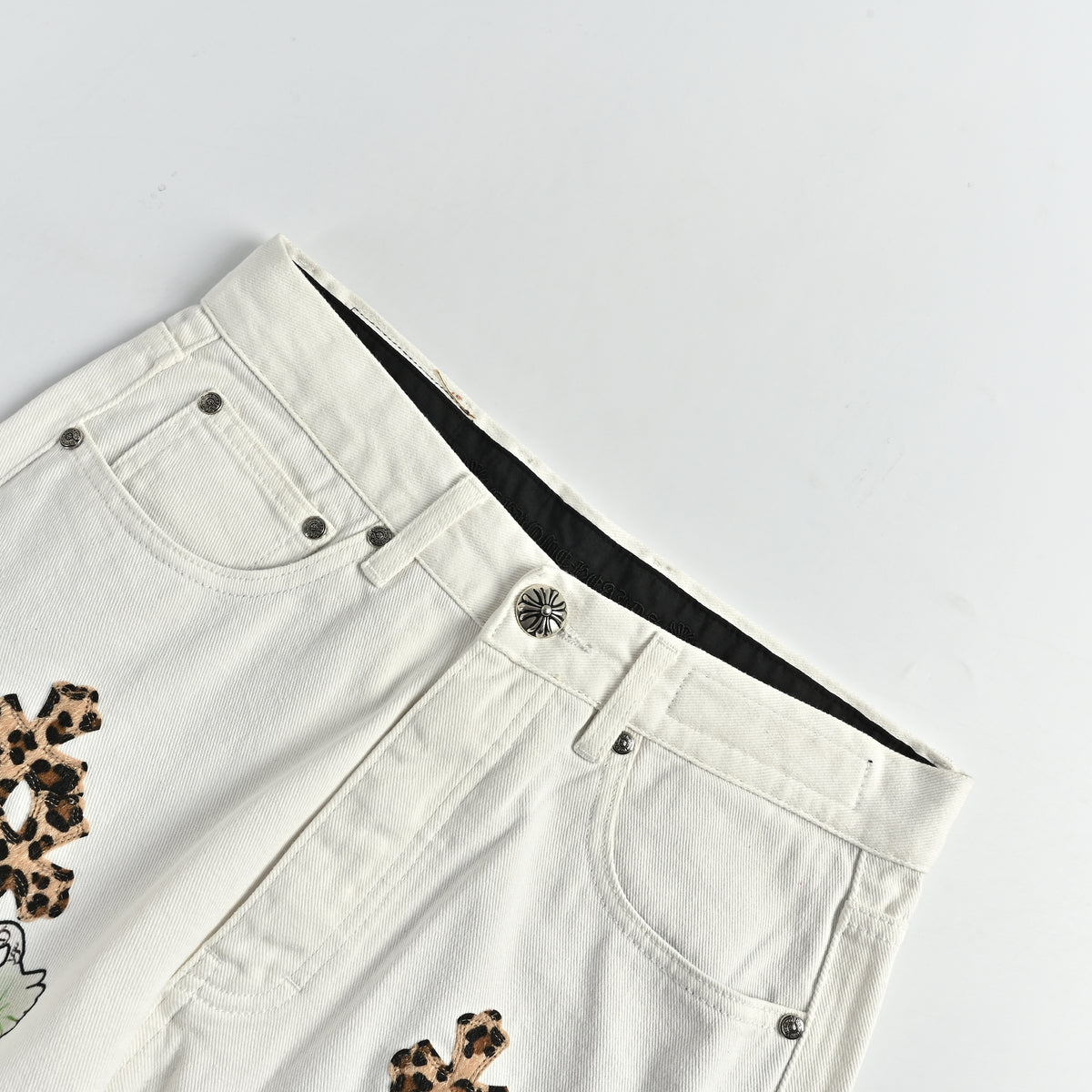 Chrome Hearts CH Couture Cross Patch Graffiti Left-Leg Washed Jeans 2026 — White Multi-Color  XM5600824-GRF